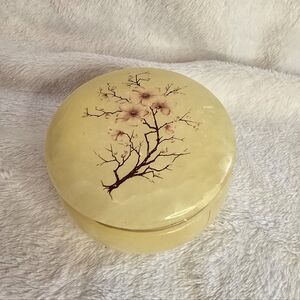 Antique Handcarved Italian Alabaster Trinket Box, Cherry Blossom, Mid Century